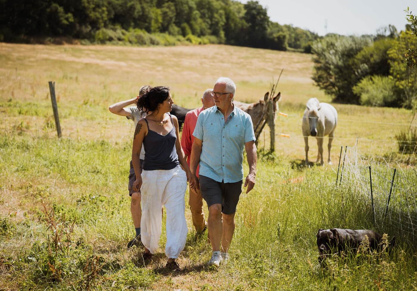 Trois personnes marchent dans un pré avec un âne