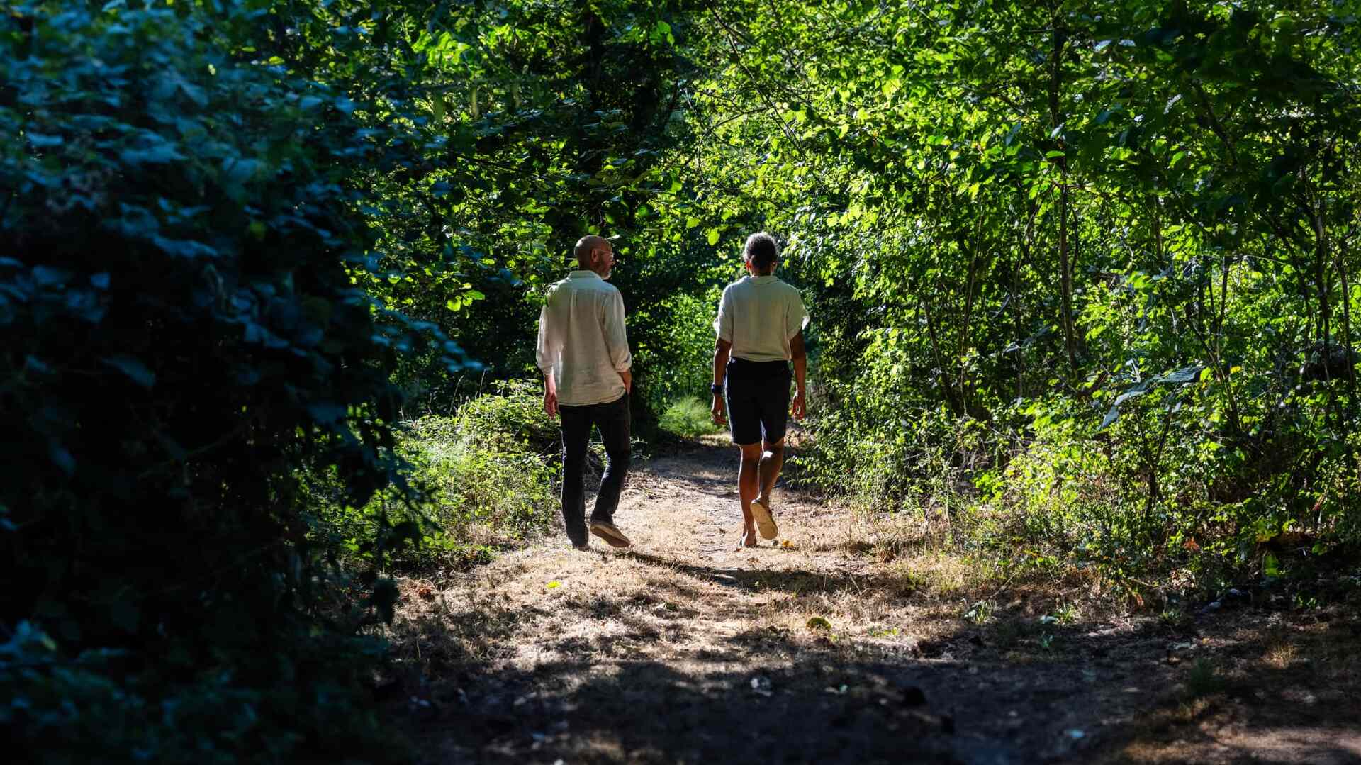 Deux personnes marchent sur un chemin forestier