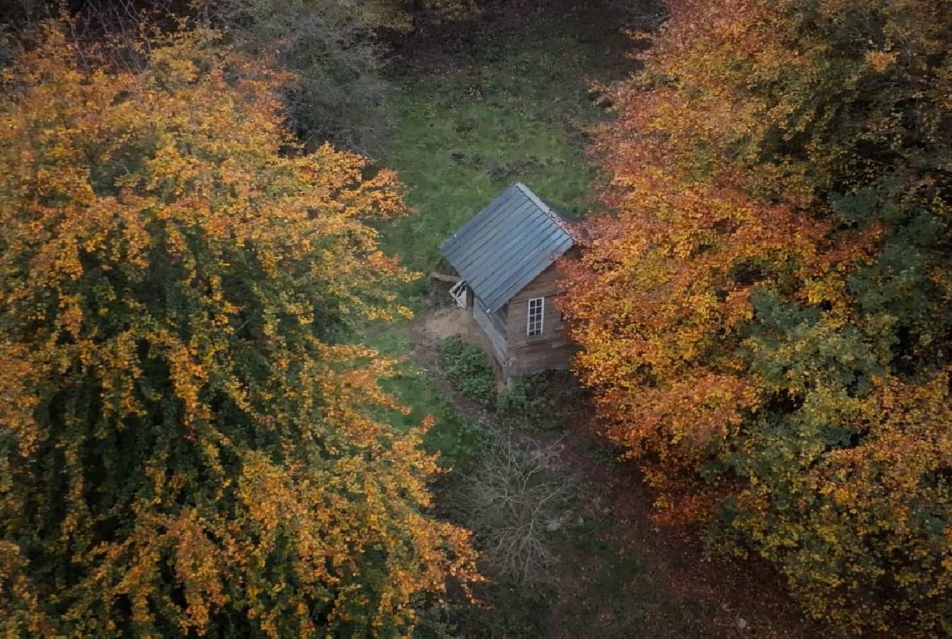 La ferme vue du ciel, au cœur des feuillages d'automne