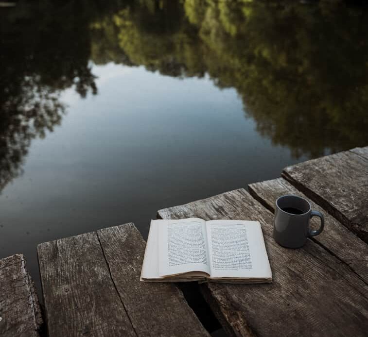 Un livre ouvert et une tasse sur le ponton de l'étang